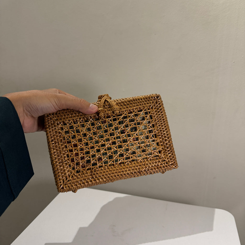 Handwoven Rattan Box Clutch with Batik Lining - Artisanal Wicker Evening Bag