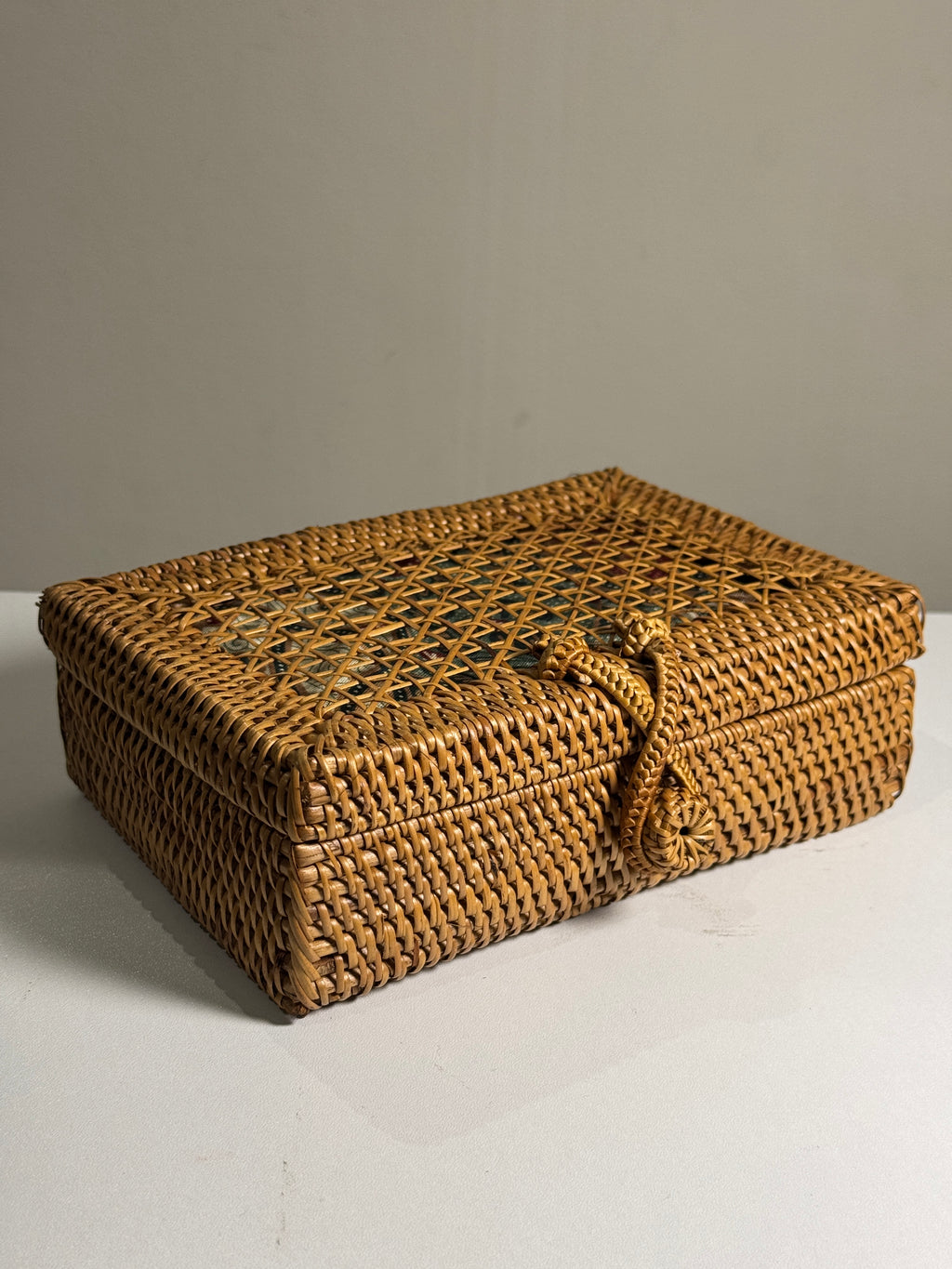 Handwoven Rattan Box Clutch with Batik Lining - Artisanal Wicker Evening Bag