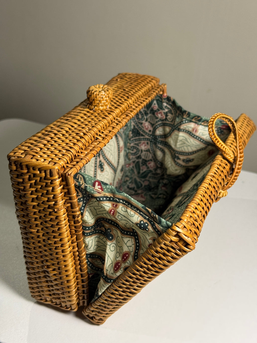 Handwoven Rattan Box Clutch with Batik Lining - Artisanal Wicker Evening Bag