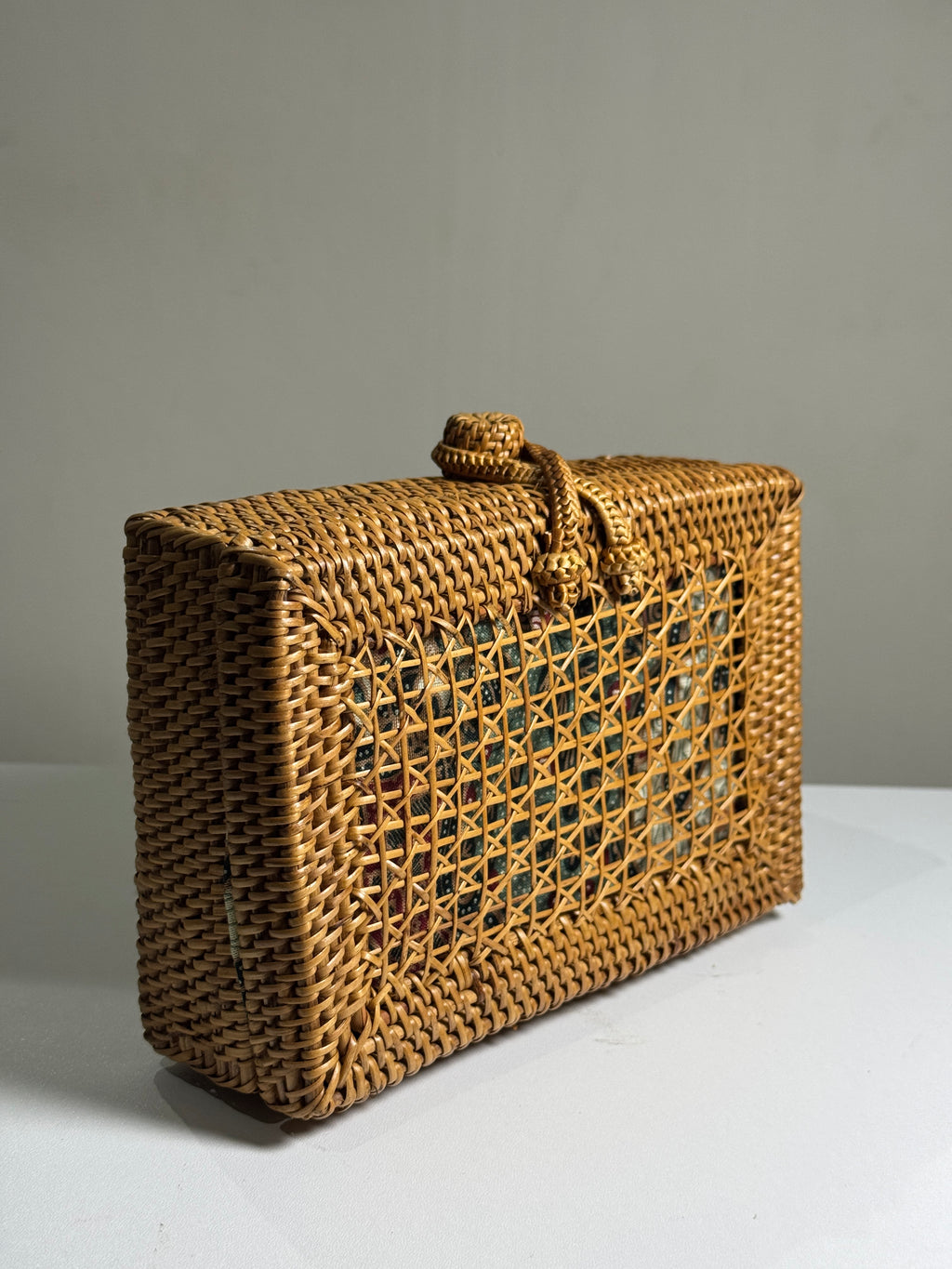 Handwoven Rattan Box Clutch with Batik Lining - Artisanal Wicker Evening Bag