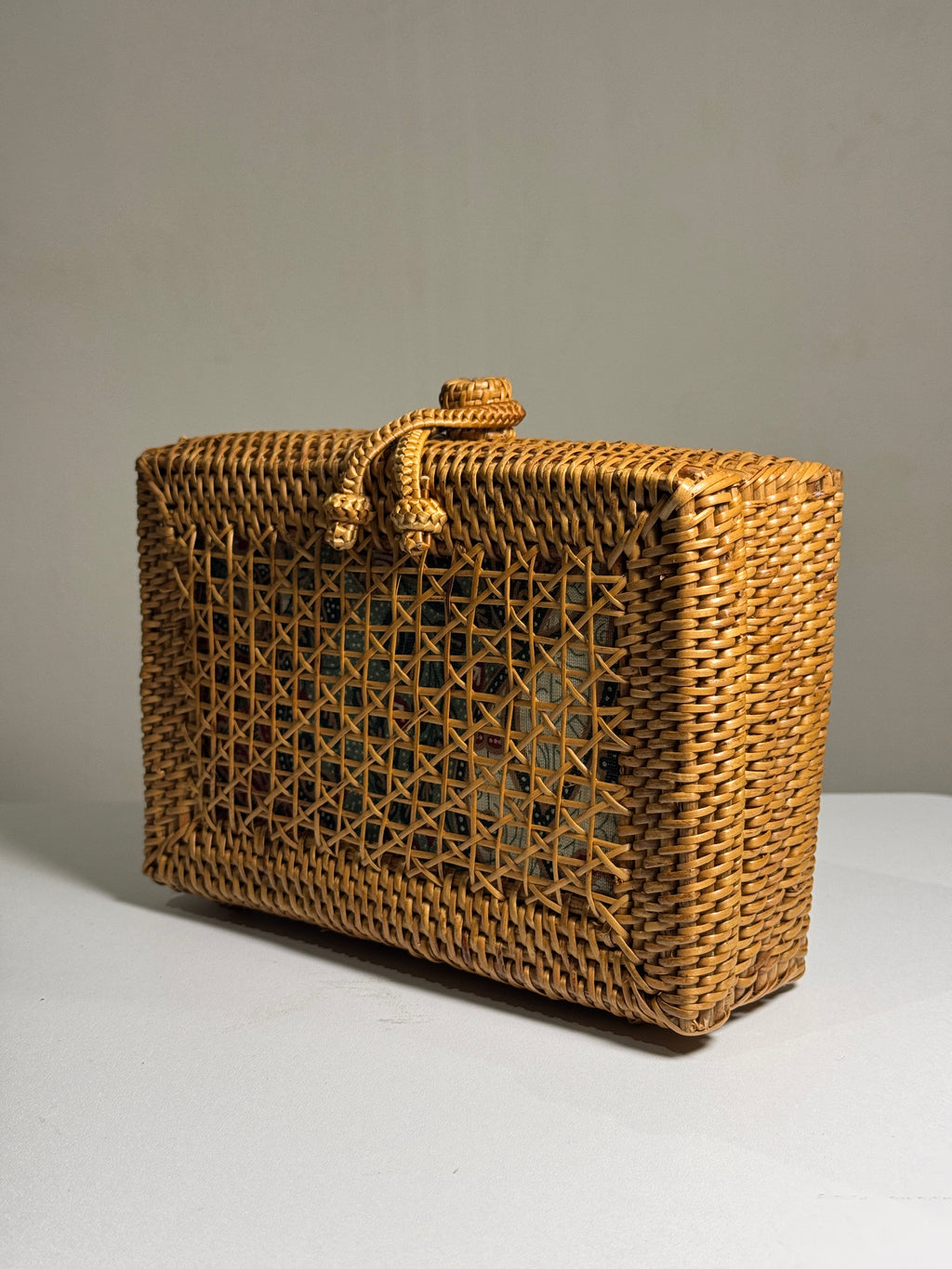 Handwoven Rattan Box Clutch with Batik Lining - Artisanal Wicker Evening Bag