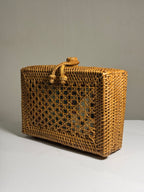 Handwoven Rattan Box Clutch with Batik Lining - Artisanal Wicker Evening Bag